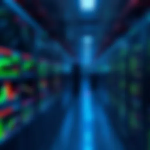 A computer server room with rows of mining rigs and data screens displaying cryptocurrency statistics