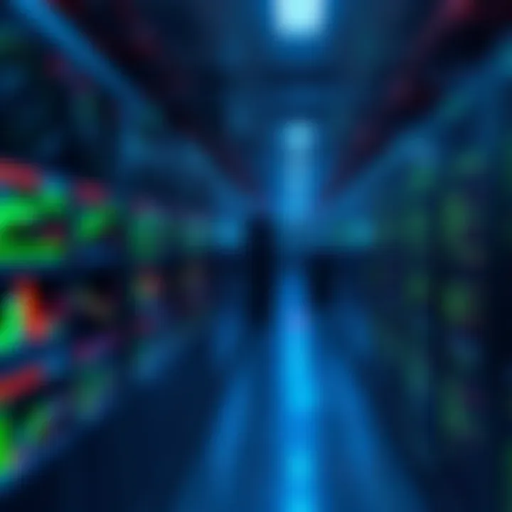 A computer server room with rows of mining rigs and data screens displaying cryptocurrency statistics