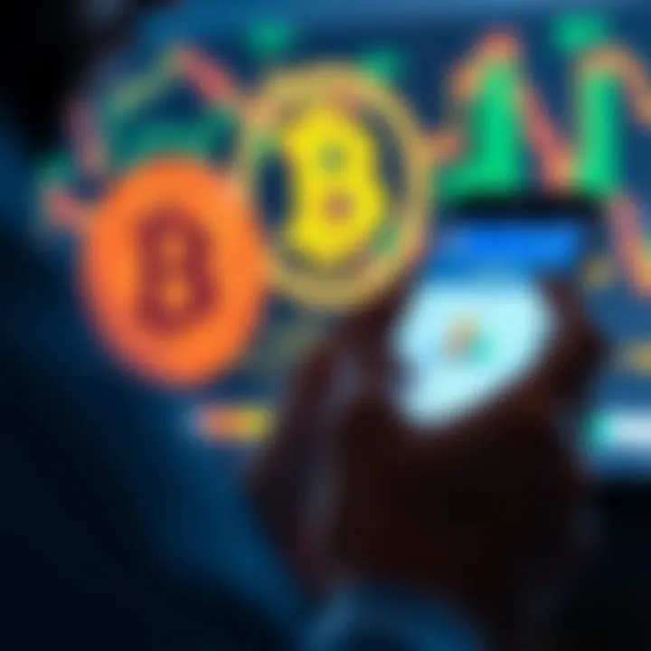 Coinbase Deposit Limits A close-up of a person using a smartphone to check Coinbase deposit limits, with Bitcoin graphics in the background.
