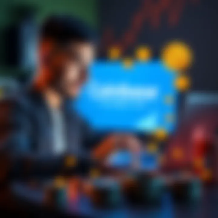 Coinbase Beginner's Guide A beginner learning how to use Coinbase with a laptop and cryptocurrency icons around