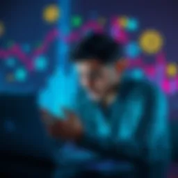 A person looks distressed checking their Coinbase account on a laptop, showing a significant loss in funds. A backdrop of digital currency graphics emphasizes the financial impact.