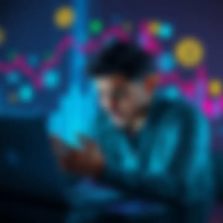 A person looks distressed checking their Coinbase account on a laptop, showing a significant loss in funds. A backdrop of digital currency graphics emphasizes the financial impact.