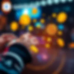 A person using a digital wallet on a smartphone with cryptocurrency symbols around them.