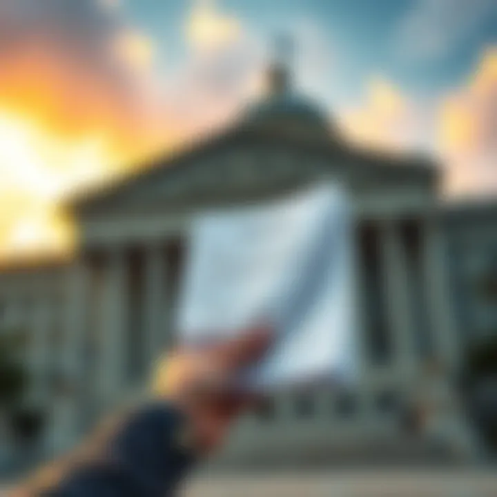 A person holding a document with a government building in the background, symbolizing Coinbase's request for Oregon's records on crypto regulations.