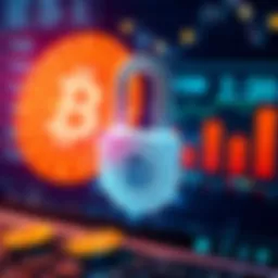 Illustration showing a digital lock representing security for Coinbase users, with a visual of cryptocurrency coins and transaction limits in the background.