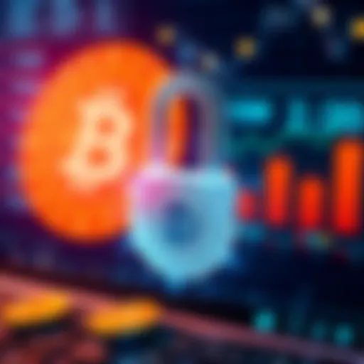 Illustration showing a digital lock representing security for Coinbase users, with a visual of cryptocurrency coins and transaction limits in the background.