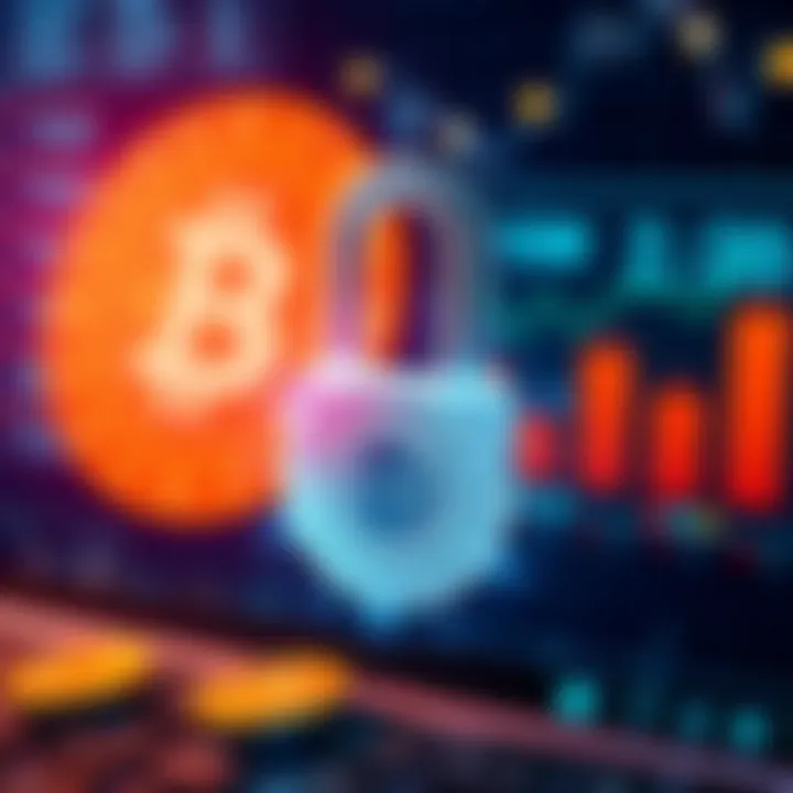 Illustration showing a digital lock representing security for Coinbase users, with a visual of cryptocurrency coins and transaction limits in the background.