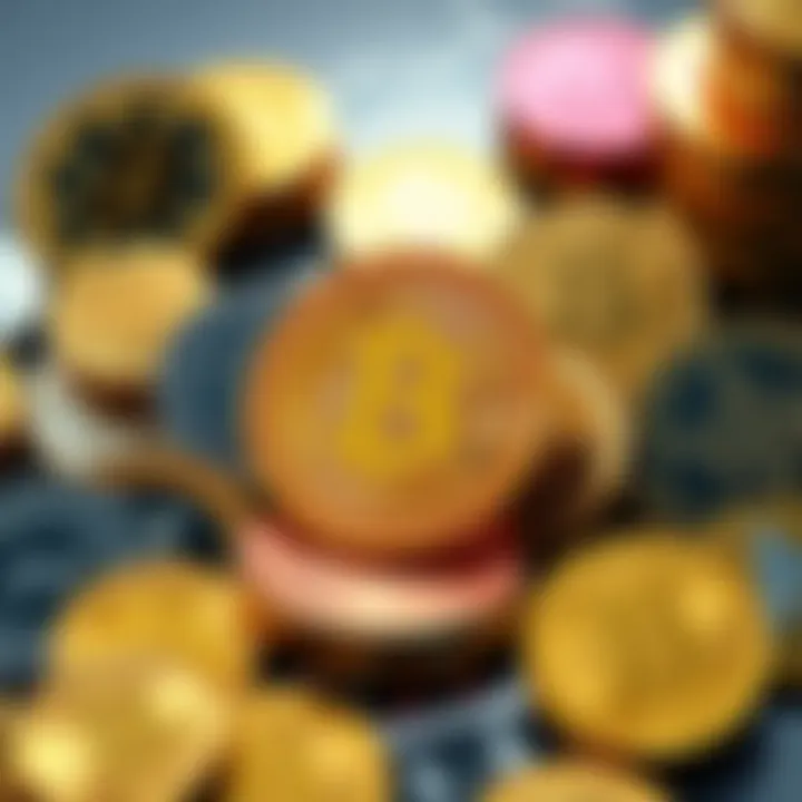 Various altcoins displayed with a Bitcoin in the center, symbolizing investment options in the cryptocurrency market.