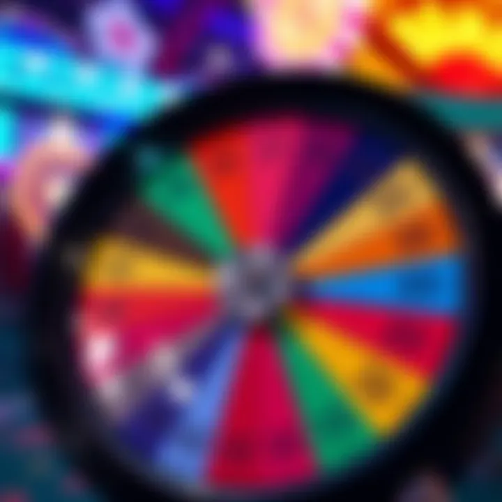 A vibrant game wheel with segments showing different odds, set against a lively background