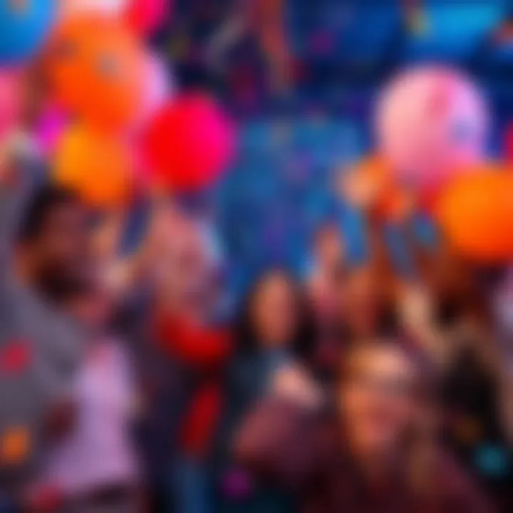 Members of the community celebrating together with balloons and confetti, showing excitement and joy.