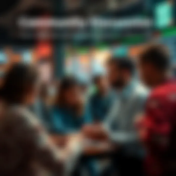 A group of people engaged in a lively discussion about trading strategies and current events.