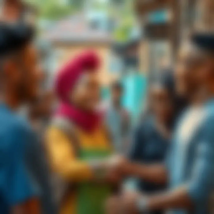 A group of diverse people helping each other, with smiles and supportive gestures in a neighborhood setting.