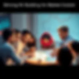 A diverse group of people collaborating and planning strategies to establish market stability, surrounded by charts and graphs depicting market trends.