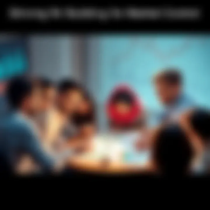 A diverse group of people collaborating and planning strategies to establish market stability, surrounded by charts and graphs depicting market trends.