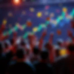 People celebrating the launch of a community-driven cryptocurrency, showing enthusiasm and collaboration, with graphs and coins in the background.