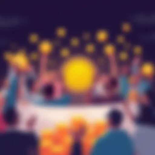 Illustration of diverse people celebrating the launch of a new community-driven cryptocurrency with coins and banners.