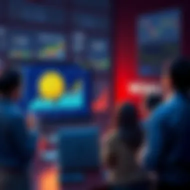 People gathering around a computer screen displaying a cryptocurrency logo and charts, discussing a new community-driven coin launch.