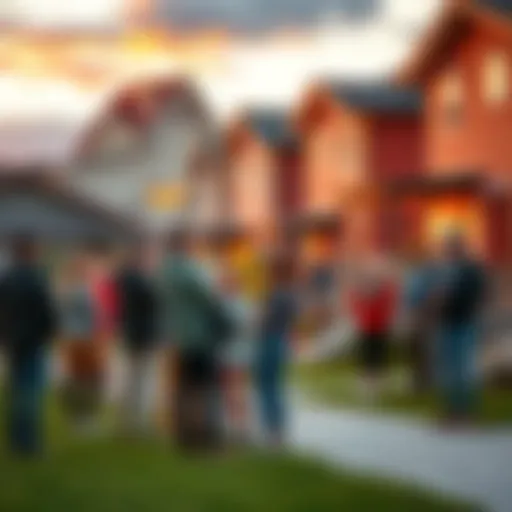 Residents gather and socialize in front of newly built homes, showcasing vibrant community interaction and strong neighborhood ties.