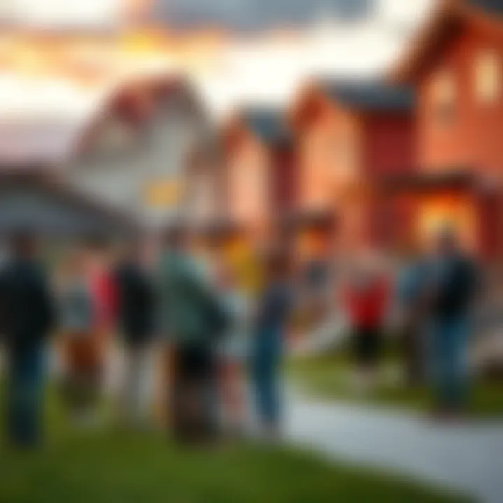 Residents gather and socialize in front of newly built homes, showcasing vibrant community interaction and strong neighborhood ties.