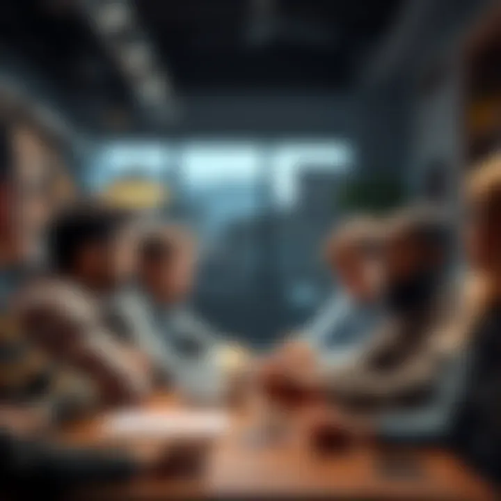 A group of people gathered around a table, discussing investment decisions with concerned expressions.