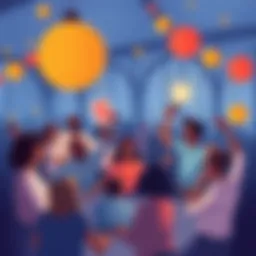 Illustration showing people working together, sharing ideas, and celebrating progress towards a dollar goal