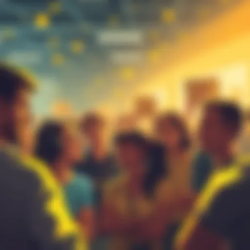 A group of people discussing dogecoin in a vibrant forum setting, showing expressions of support and disagreement.