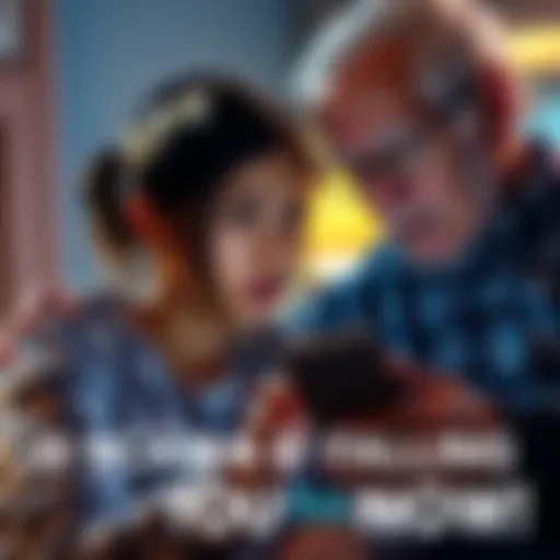 A worried person looking at their phone while sitting next to an older man, indicating potential scam concerns.