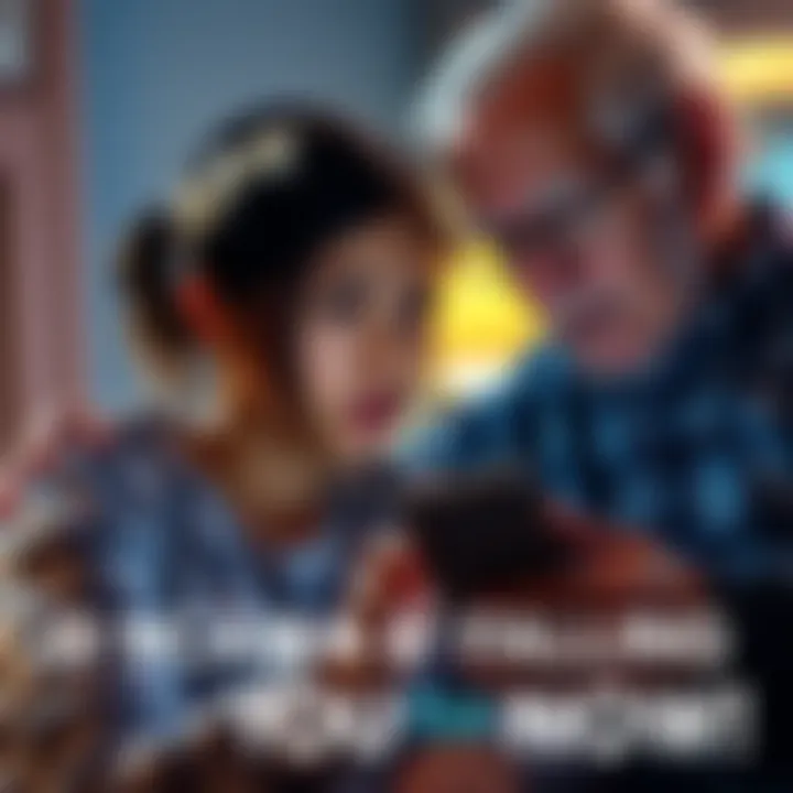 A worried person looking at their phone while sitting next to an older man, indicating potential scam concerns.