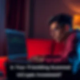A worried person staring at a laptop screen displaying cryptocurrency charts and news, symbolizing concerns about crypto scams