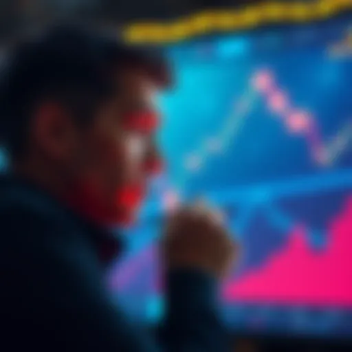 A person contemplating whether to sell their AVAX cryptocurrency, with graphs showing potential future gains in the background.