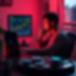 A person sitting at a desk with a laptop, looking thoughtfully at a screen displaying cryptocurrency prices, with $1600 in USDC shown on the table.