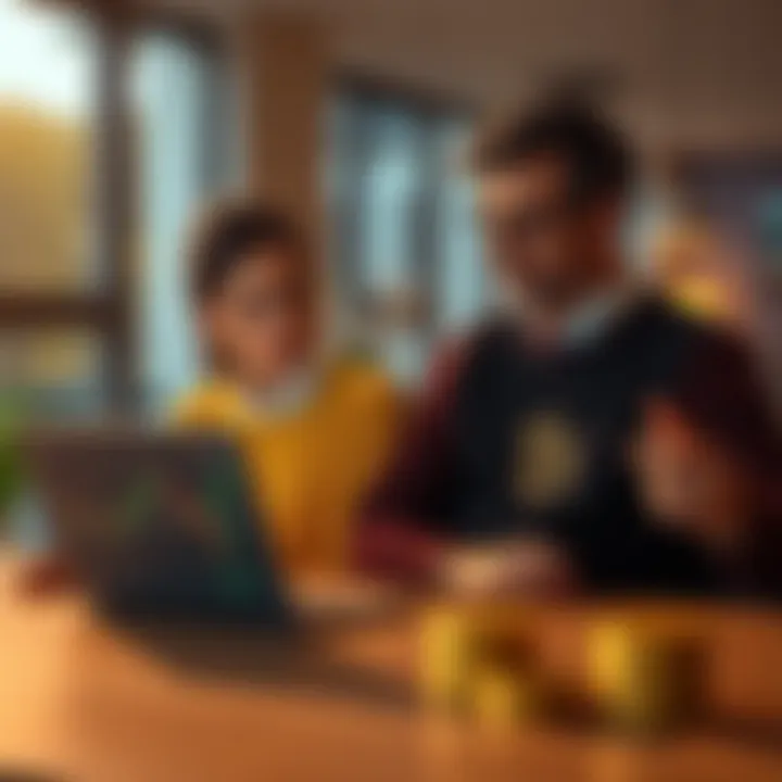 A couple sits at a table looking at a laptop with Bitcoin charts, weighing their investment options.