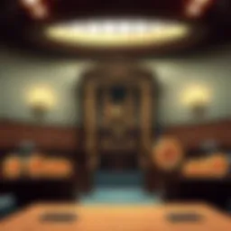 A courtroom with Bitcoin symbols indicating a potential tax-free ruling for investments