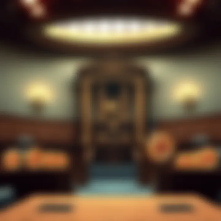 A courtroom with Bitcoin symbols indicating a potential tax-free ruling for investments