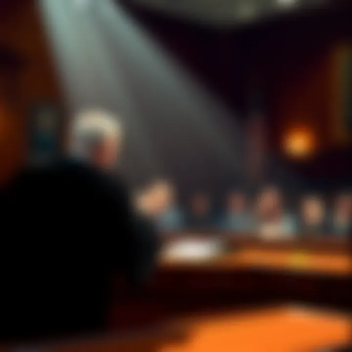 A judge delivering a verdict in a courtroom, with a concerned audience in the background.
