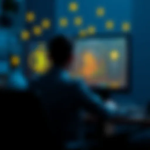 A person sitting at a computer screen showing a Bitcoin wallet interface, with cryptocurrency symbols around them.
