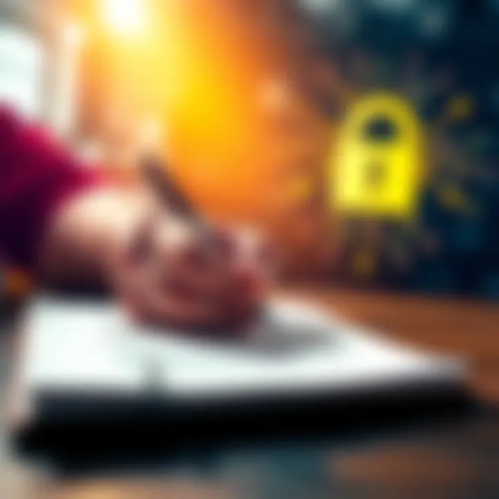 A person writing a poem on a notepad, with a digital lock symbol in the background, representing secure storage of seedphrases.