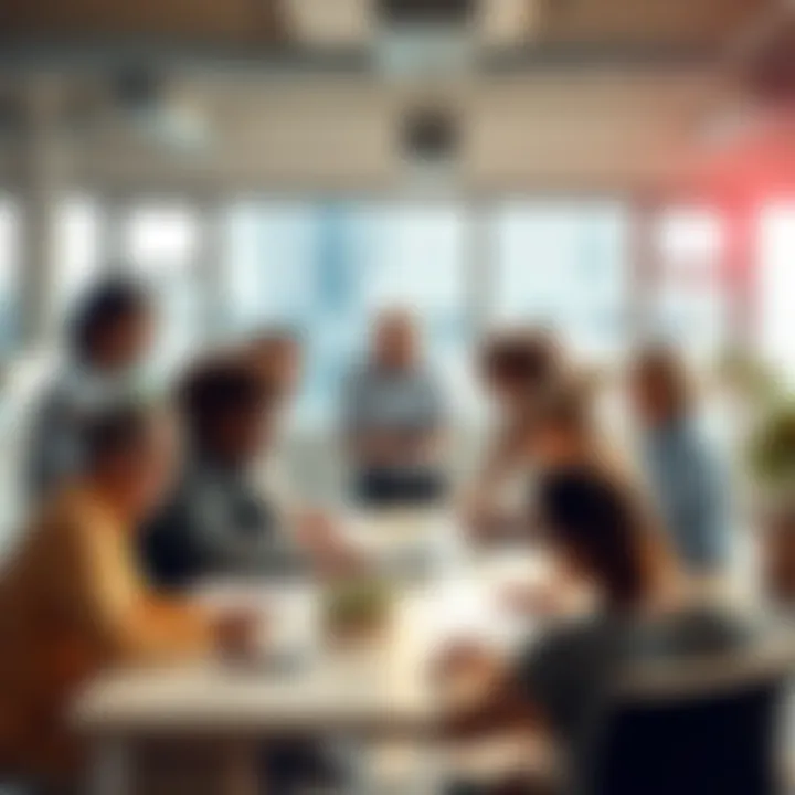 A group of diverse people brainstorming innovative strategies around a table with notes and laptops in a bright office space