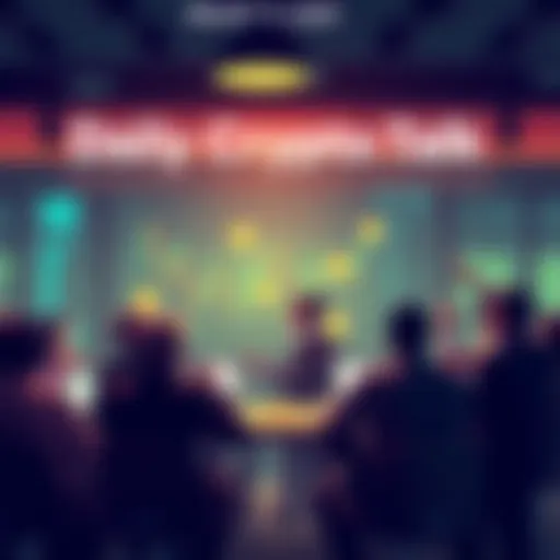 A group of people discussing cryptocurrency trends in a lively setting with charts and coins.