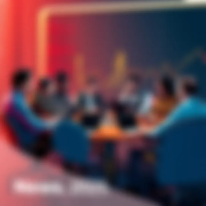 Group of people discussing cryptocurrency at a round table with laptops and charts visible.