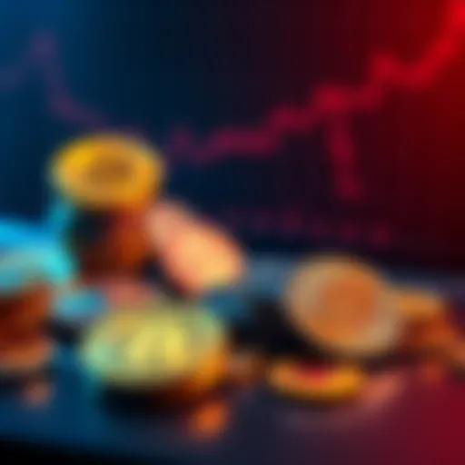 A balanced selection of cryptocurrency coins with a chart showing growth trends.