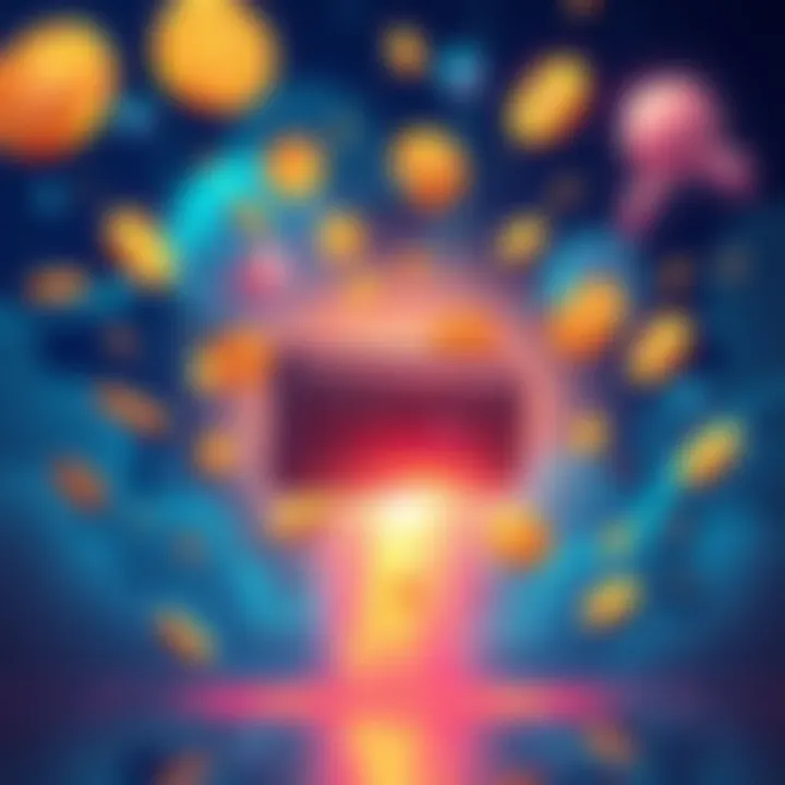 An illustration showing cryptocurrency coins flying through the air with a digital wallet in the center, symbolizing airdrops and potential profit.