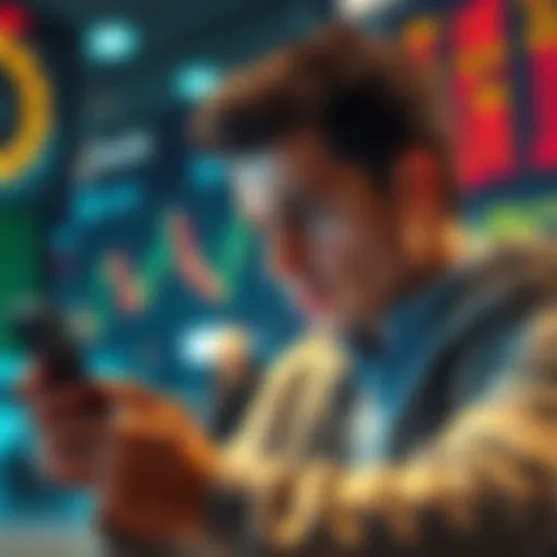 A frustrated person looking at their phone with cryptocurrency market charts, struggling to cash out digital coins