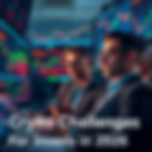 A group of investors looking at digital currency charts on screens, showing declining trends and concerns about the future of investments.