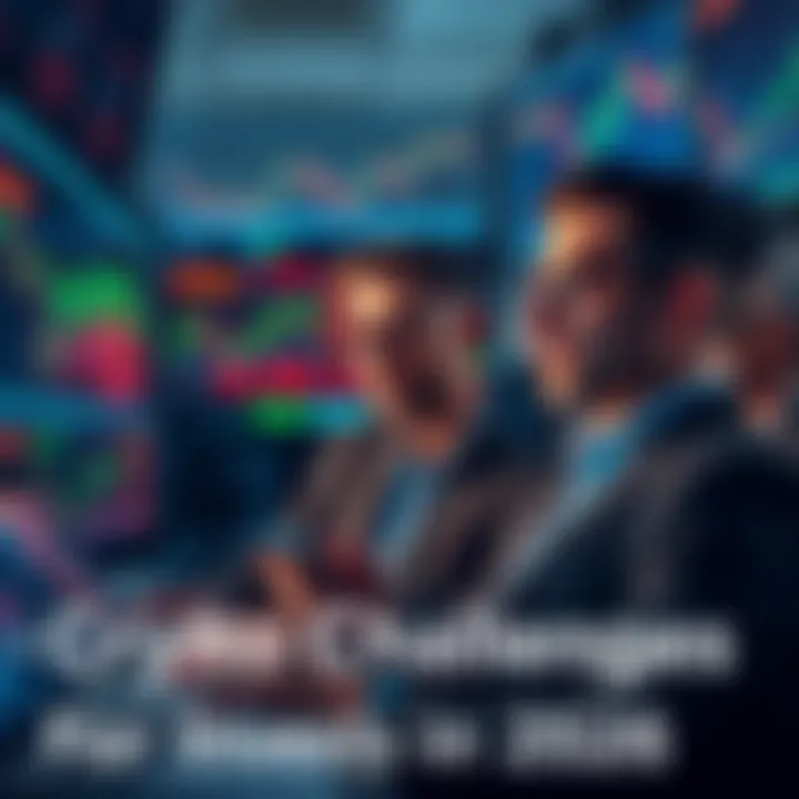 A group of investors looking at digital currency charts on screens, showing declining trends and concerns about the future of investments.