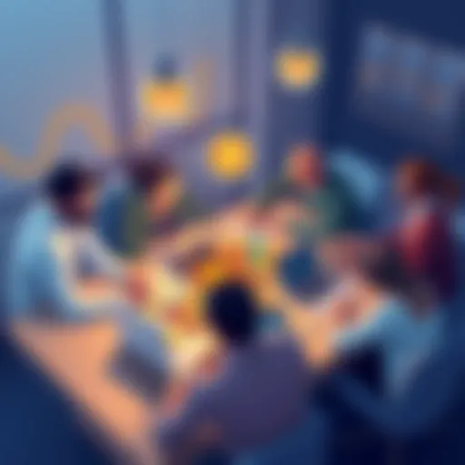 A digital illustration showing a group of diverse people brainstorming around a table with graphs, crypto coins, and laptops, symbolizing collaboration and strategy in launching a sustainable cryptocurrency project.