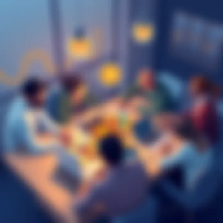 A digital illustration showing a group of diverse people brainstorming around a table with graphs, crypto coins, and laptops, symbolizing collaboration and strategy in launching a sustainable cryptocurrency project.