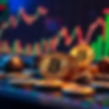 A collection of cryptocurrency coins with financial charts in the background