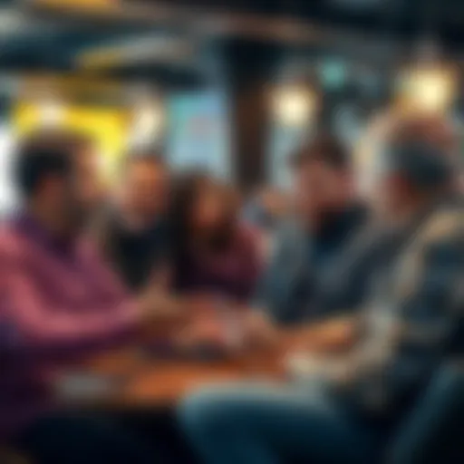 A group of diverse investors discussing the legitimacy of two popular cryptocurrencies in a casual setting