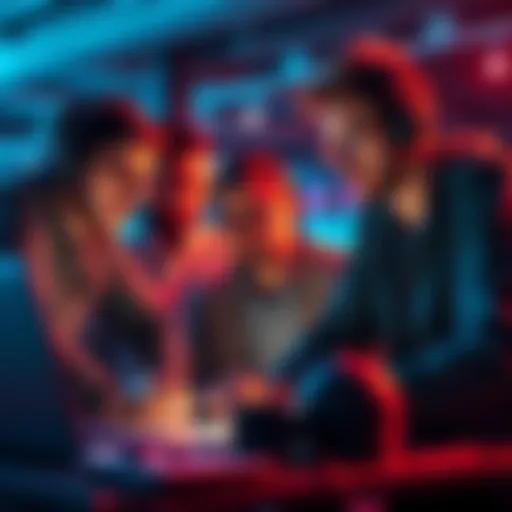 A group of professional developers collaborating on a laptop, focused on a crypto project.